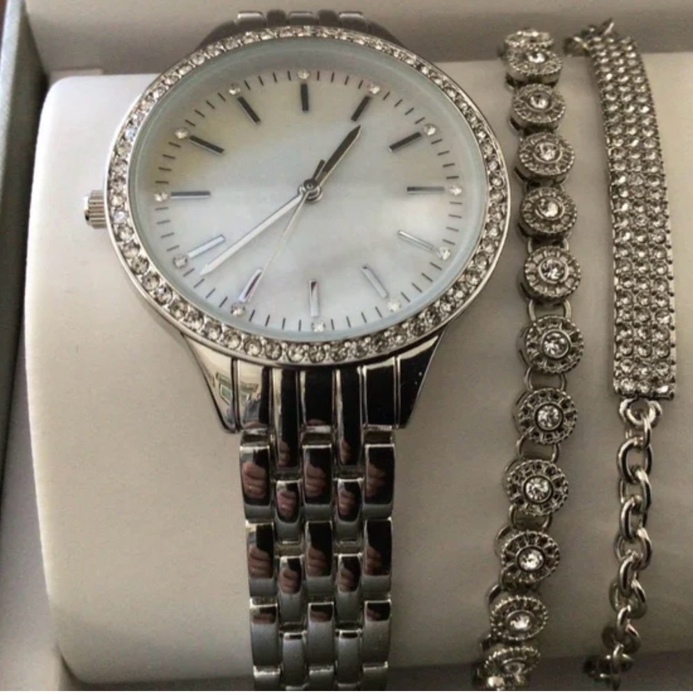 Elegant Silver Watch and Bracelet Set by INC for Macys. READ